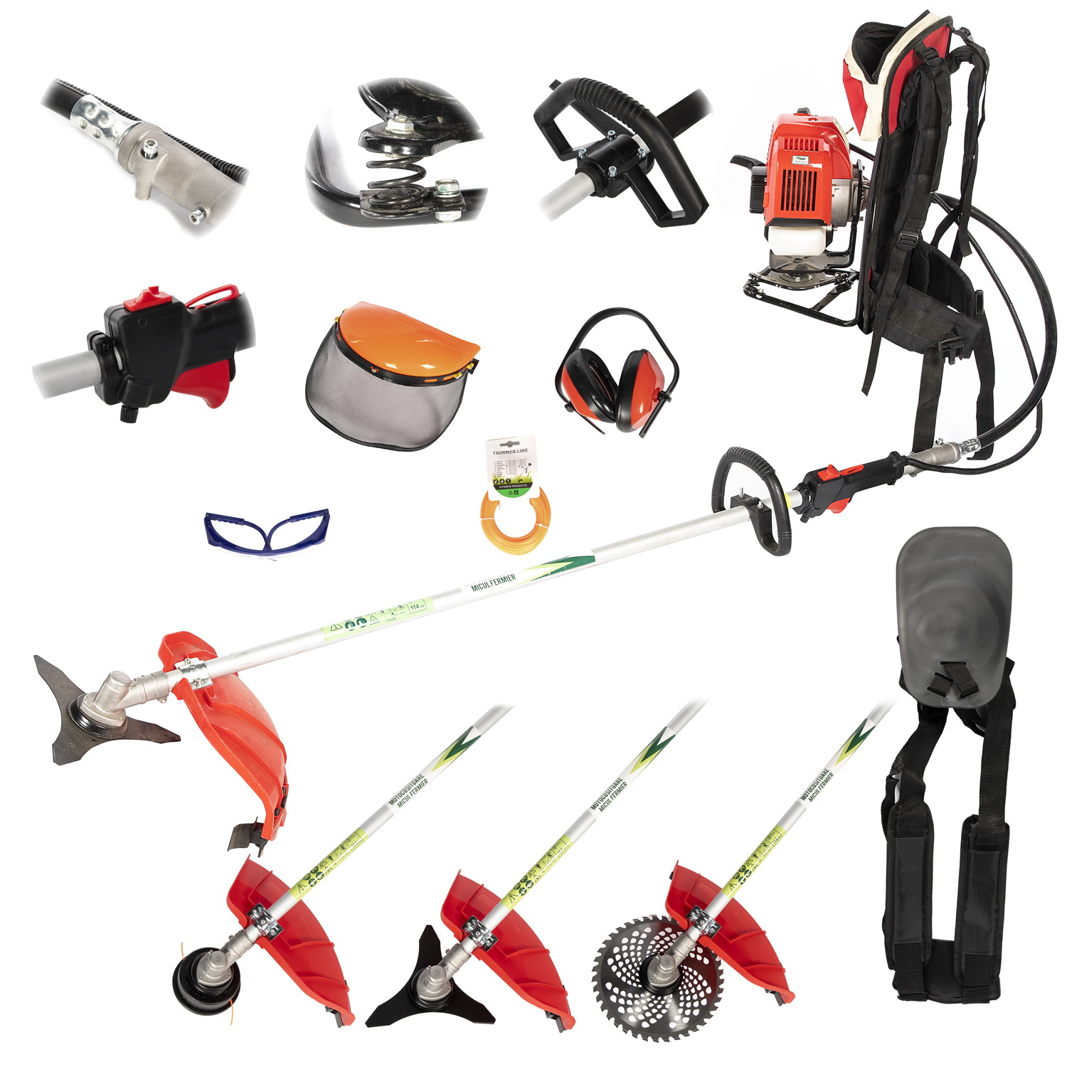 motocositoare rucsac Micul Fermier, motocoasă benzină 4.76CP, motocoasă 2 timpi cu accesorii, motocositoare cu disc vidia, motocoasă cu sistem antivibrație, motocoasă ieftină și puternică, utilaj grădinărit semiprofesional