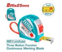 Ruleta Total de 8 metri, cu latimea de 25mm si buton cu 3 functii TOTAL Ruleta Total de 8 metri, cu latimea de 25mm si buton cu 3 functii TOTAL