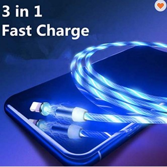 Cablu de incarcare cu flux luminos 3 in 1 cu capete magnetice Tip C, Micro usb si pentru Iphone